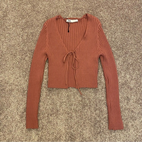 Zara Women's Ribbed Knit Tie Front Long Sleeve Crop Cardigan Sweater Top Size M - Picture 2 of 12